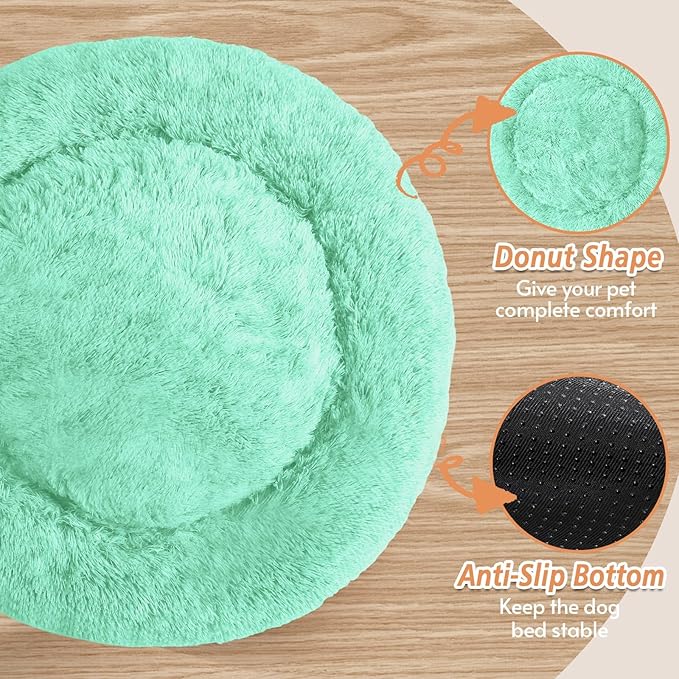 JOLLYVOGUE Calming Dog Beds Large Sized Dog, 36in Donut Washable Large Pet Bed, Anti-Slip & Anti-Anxiety Fluffy Faux Fur Round Dogs Bed, Fits up to 80 lbs Pets (Mint Green)