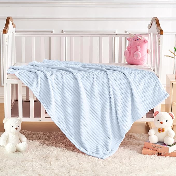 Eonkasp Soft Fleece Baby Blanket Ultra Cozy Blue Baby Blankets for Boys Warm and Lightweight Infant Toddler Newborn Receiving Gift with Reversible Stripes for Crib Stroller, 30x40 Inch, Light Blue