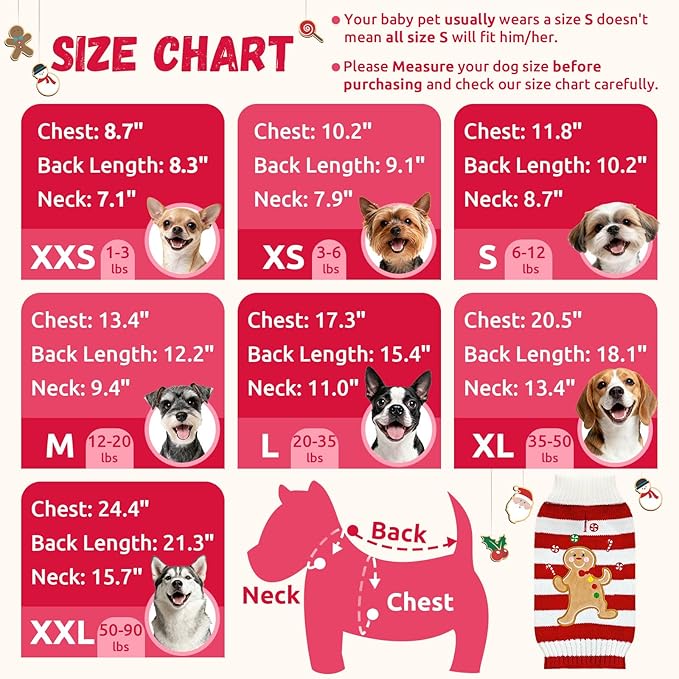 Dog Christmas Sweater Xmas Pet Clothes Cute Striped Gingerbread Man Costume Holiday Puppy Cat Jumpers Outfits New Year Gifts for Small Medium Large Dogs(Red Gingerbread Man,M)