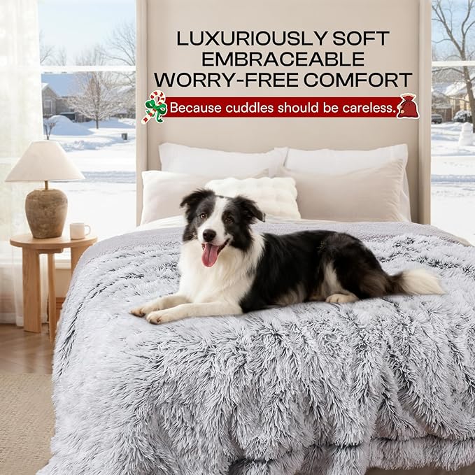 Luciphia Large Waterproof Dog Blanket for Pet Washable Liquid Proof Bed Intimacy Protection Shaggy Plush Calming Long Faux Fur Couch Cover Calming Cat Throw Blankets, Mist Grey, 60" x 80"