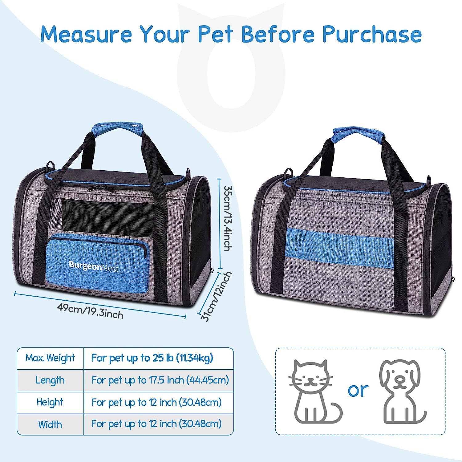 BurgeonNest Pet Carrier for Large Cats up to 25 lbs with Unique Side Bag
