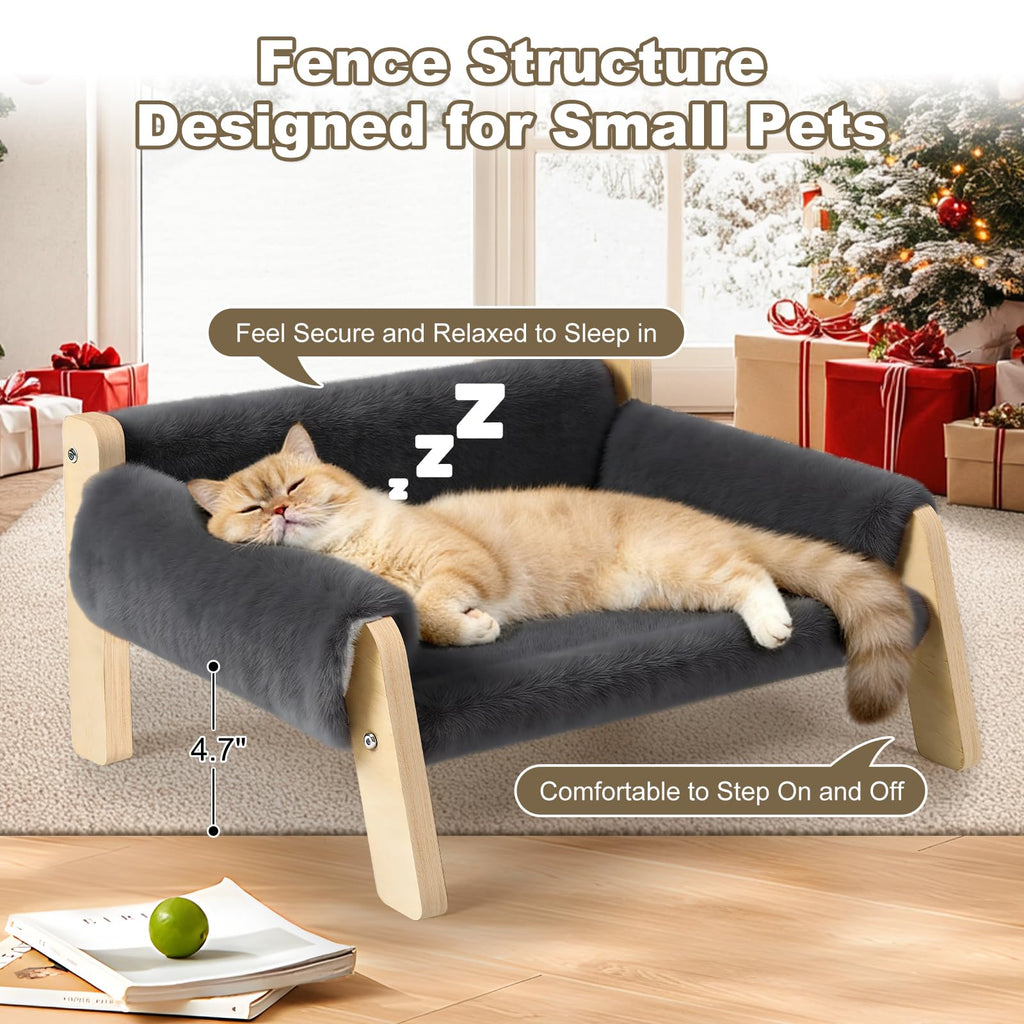 FAMIDGE Elevated Cat Couch Bed for Indoor Cats - Wooden Pet Sofa with Removable Washable Thick Cover Raised Kitty Lounge Chair Suitable for Puppy or Small Animals(Cat Sofa Grey)
