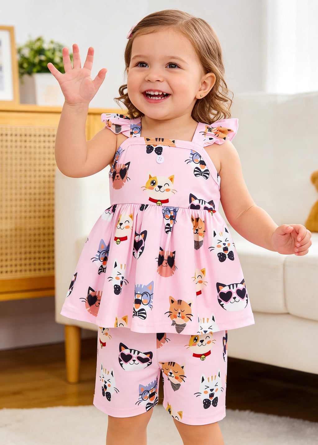 Popshion Girls Summer 2 Piece Outfit Toddler Girl Cat Clothes Cat Ruffle SleeveShirt Top + Shorts Kitten Short Set Cute Baby Girls Clothing Set Size 4t/2234
