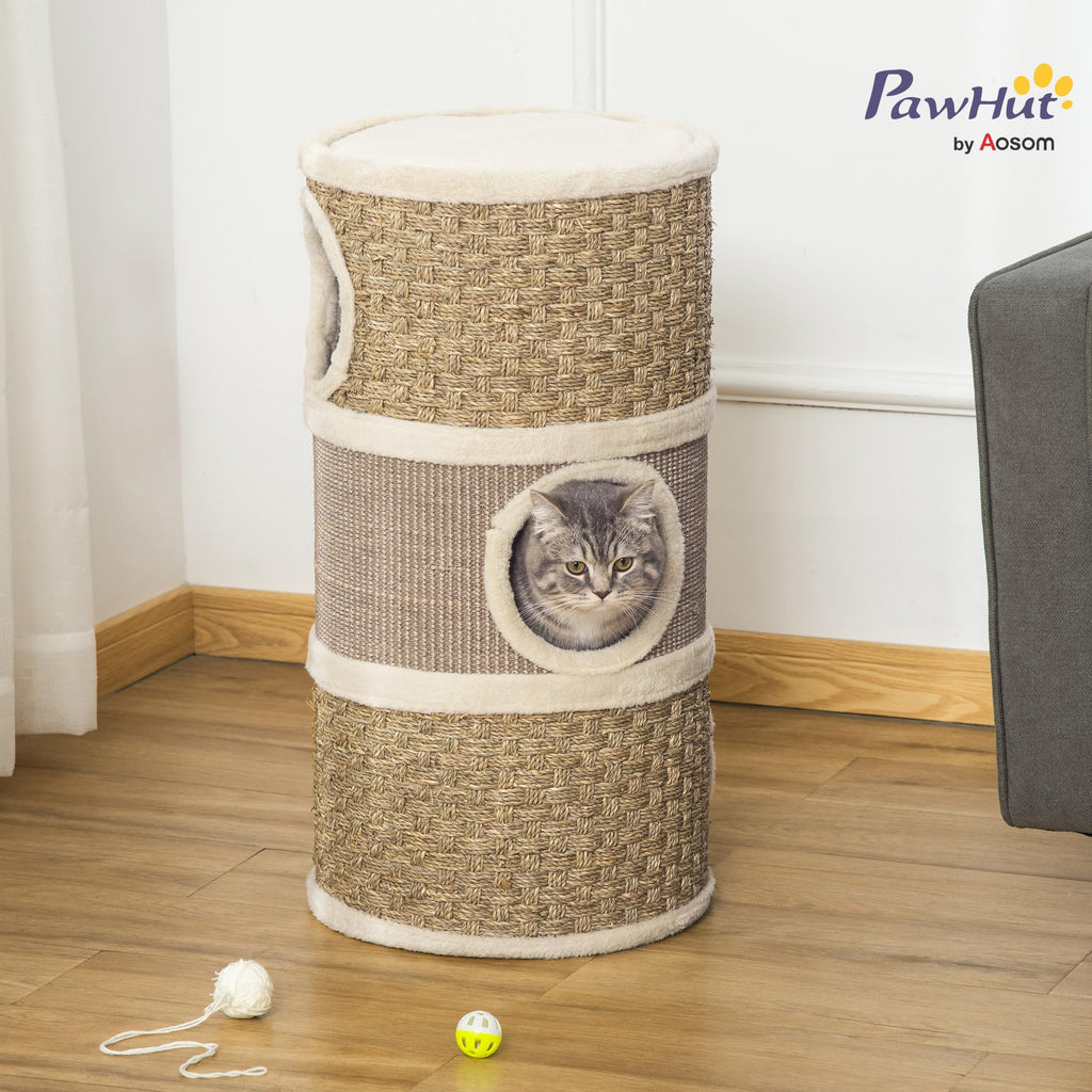 PawHut 28 Inch Cat Condo, 3 Story Cat Hideaway with Sisal Scratching Pad, Barrel Shaped Small Cat Tree for Indoor Cats, Khaki and Brown