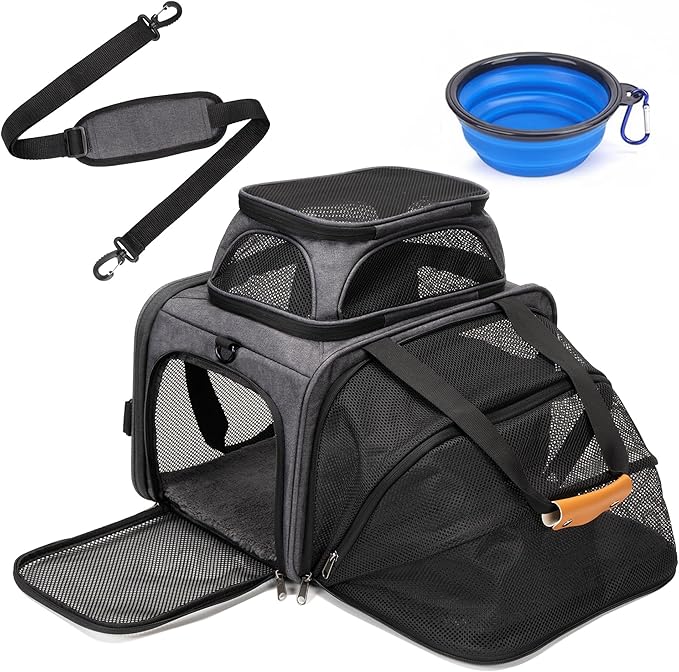 MOYLLOG Expandable Pet Carrier Bag - Airline-Approved, Breathable Mesh, Secure Zippers, Padded Handle & Multi-Pockets (Light Grey)
