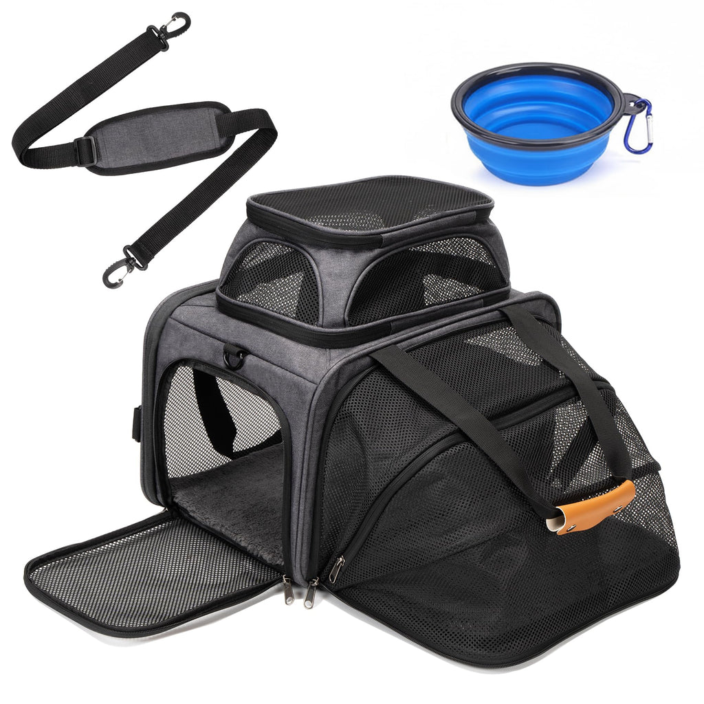 MOYLLOG Expandable Pet Carrier Bag - Airline-Approved, Breathable Mesh, Secure Zippers, Padded Handle & Multi-Pockets (Light Grey)