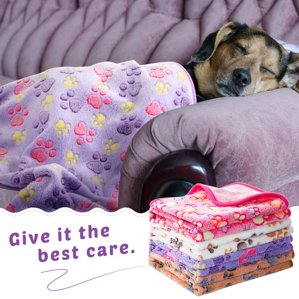 Tegeme 8 Pcs Fleece Dog Blankets for Small Dogs Cat Soft Coral Velvet Warm Sleep Mat Fluffy Dog Paw Print Blanket for Kitten Doggy Small Animal(24 x 16 Inch,Mixed Color)