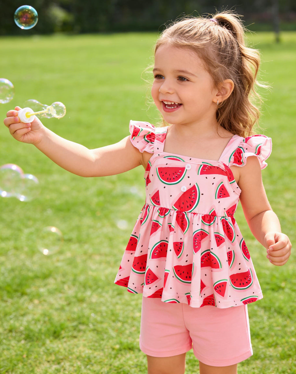 Popshion Toddler Baby Girls Clothes Watermelon Ruffle Shirt + Pink Shorts Cute Summer Short Set Size 4t/6850