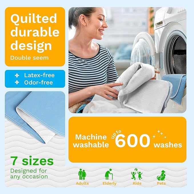 GREEN LIFESTYLE Washable Underpads - Large Bed Pads for use as Incontinence Bed Pads, Reusable Pet Pads, Great for Dogs, Cats, Bunny, Seniors Bed Pad (Pack of 10 - 34x36), Blue