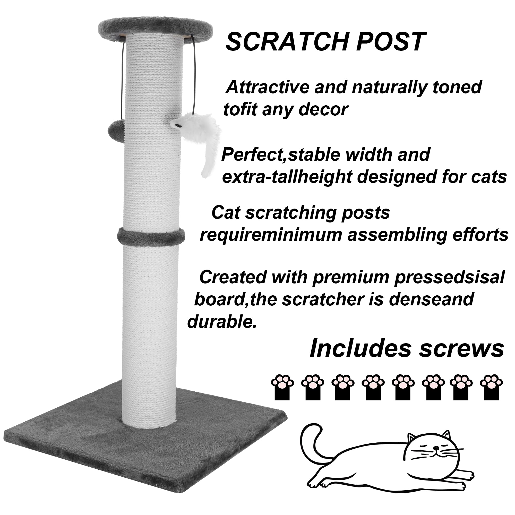 Ahomdoo 34-Inch Tall Cat Scratching Post for Large Cats, Stable Base, Gray