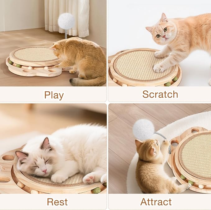 Petjoyi Cat Scratcher-Cat Interactive Toys, Ball Track Toy with Sisal Scratching Pad, 6 Track Balls & 1 Spring Ball – No Assembly Cat Toys and Balls Activity Center for Indoor Cats