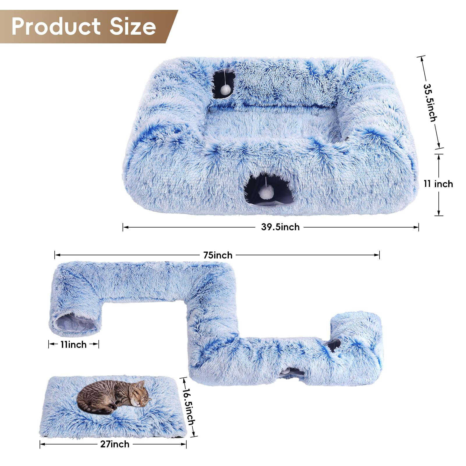 Extra Large Cat Tunnel Bed, 4 Ways Tunnels for Indoor Cats, Multi-cat Family Pet Bed & Cave, Plush Cat Donut with Washable Middle Mat, Exit Balls, Pet Play Toy for Kitten Puppy Rabbit, Blue