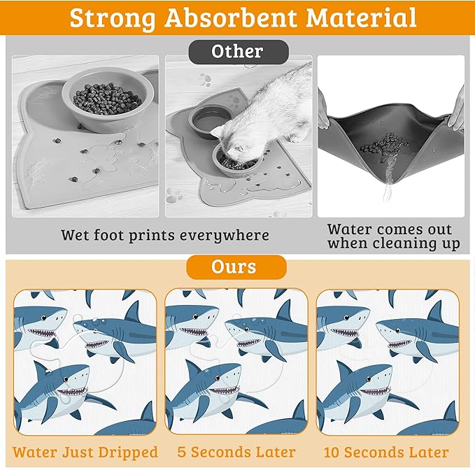Shark Dog Food Mat,Wild Fish Absorbent Pet Feeding Mat for Food and Water Bowl,Quick Dry Dog Placemat Non Slip Rubber Backing Waterproof Pet Supplies 16" x 24"