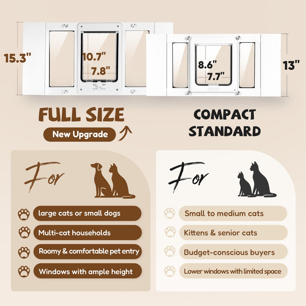 Full-Size Window Pet Door for Cats & Small Dogs, Width Adjustable Fits Sliding Windows, 10-Min Install, Aluminum Frame, HD High-Transparency Glass, Weatherproof Design, Magnetic Close