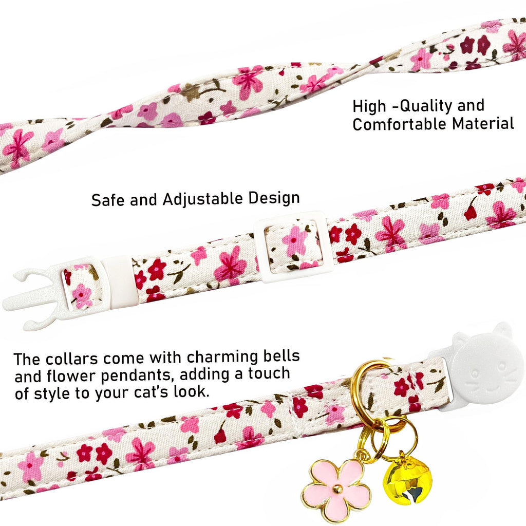 2 Pack Cotton Breakaway Cat Collars Set with Bell and Flower Pendant, Cute Floral Fruit Patterned, Adjustable 7.5-11Inch, Include A Mouse Toy Gift (Vintage+ Small Pink Flower)