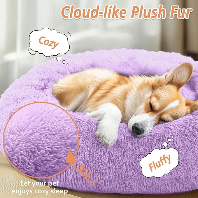 JOLLYVOGUE Calming Dog Bed Medium Size Dog, Anti-Anxiety Donut Medium Pet Bed, 31 inches Fluffy Faux Fur Round Cat Bed, Fits up to 45 lbs Pets (Purple)