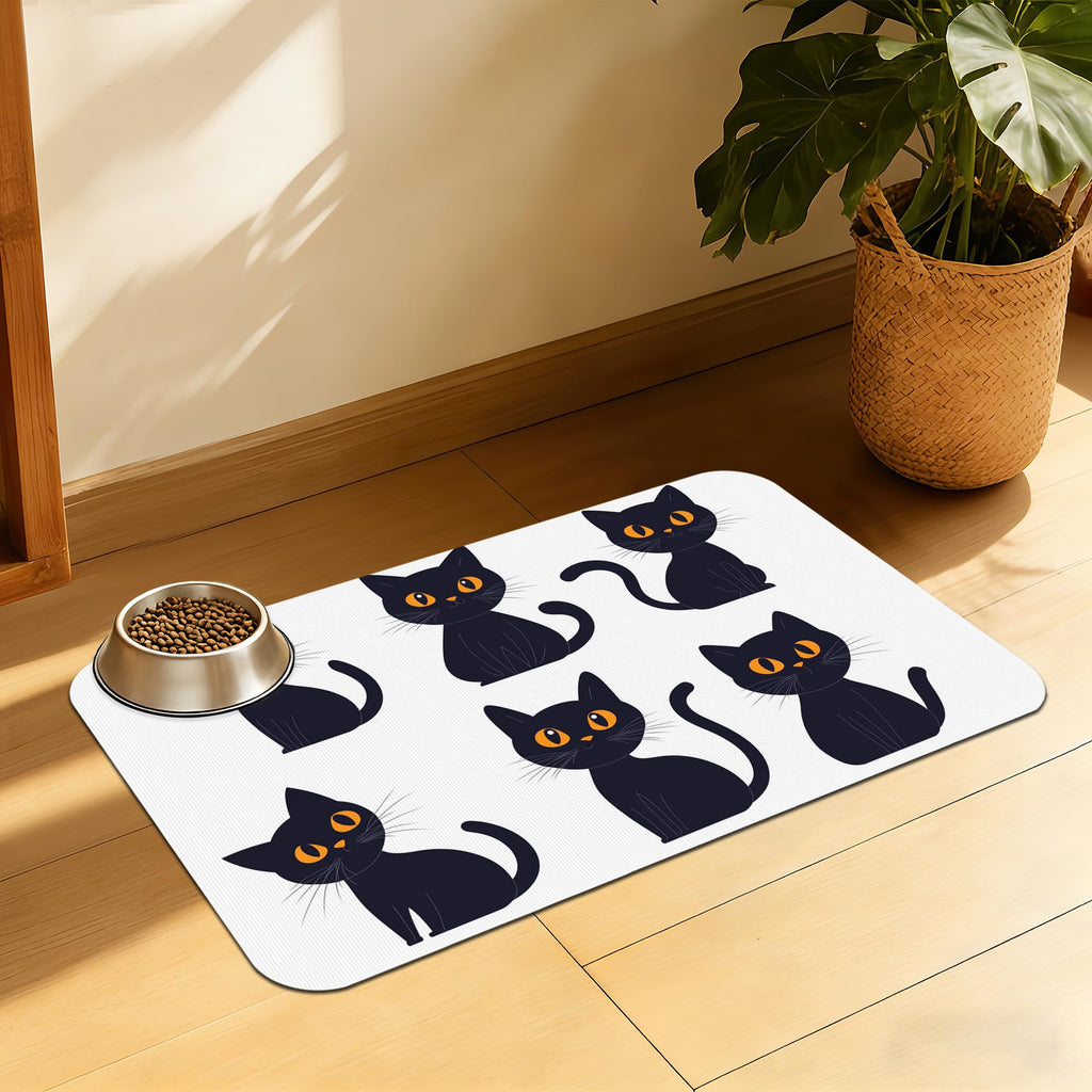 Cute Black Cats Pet Feeding Mat, Absorbent Dog and Cat Bowl Pad, Fast Dry, Non-Slip Back – 12x20 Inch