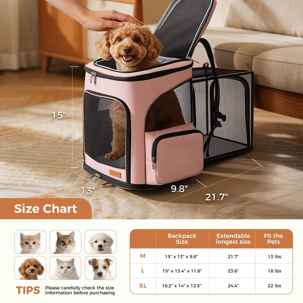 Lekereise Large Cat Backpack Carrier Expandable Pet Carrier Backpack for Small Dogs Medium Cats Fit Up to 18 Lbs, Foldable Puppy Backpack Carrier for Travel, Hiking, Pink