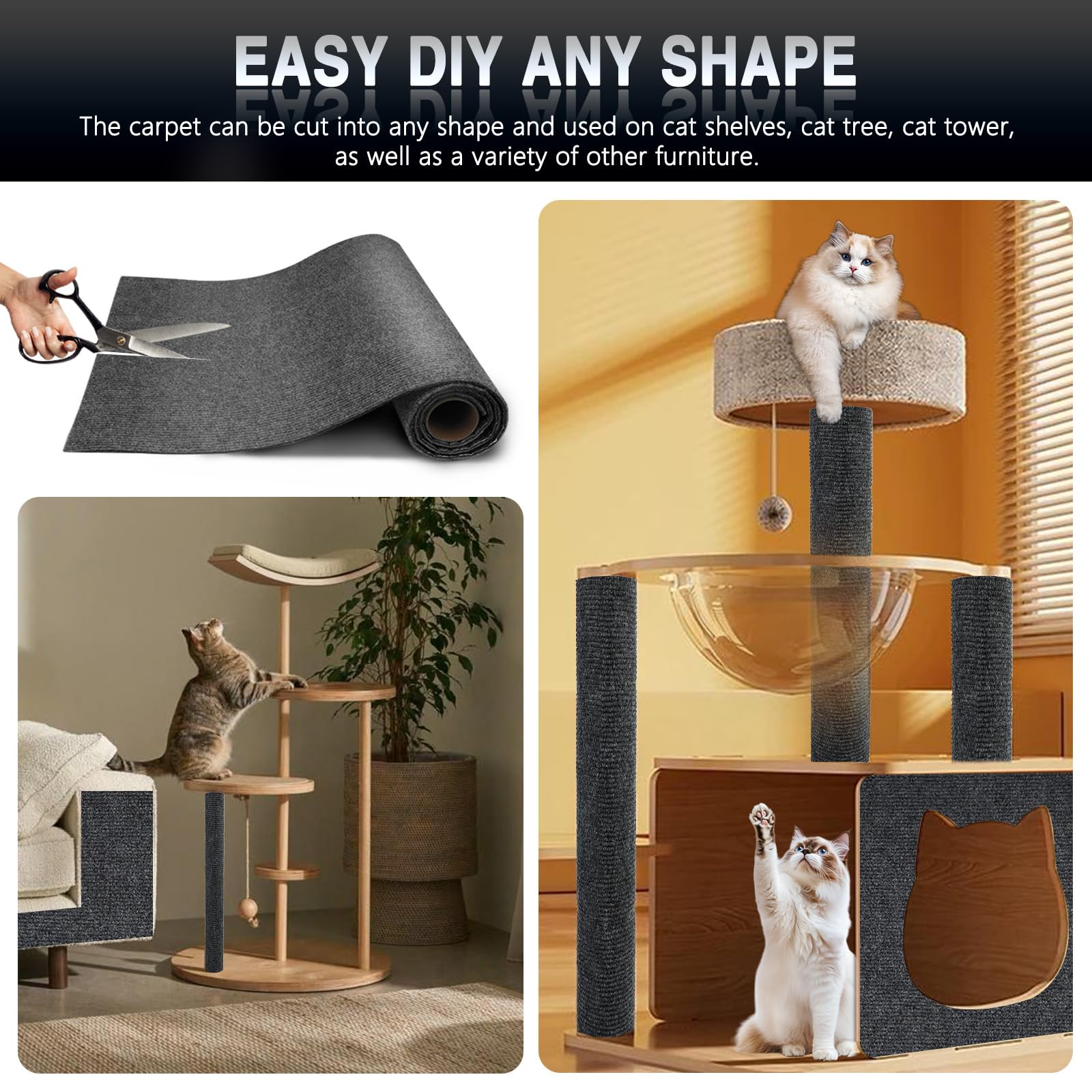 2Pack Total 78.7"x15.8" Cat Scratch Mat for Cat Couch Furniture and Wall Protector | Trimmable Self-Adhesive Carpet Climb Cat Scratcher for Covering Cat Tower and Replacement Pads (Dark Grey)