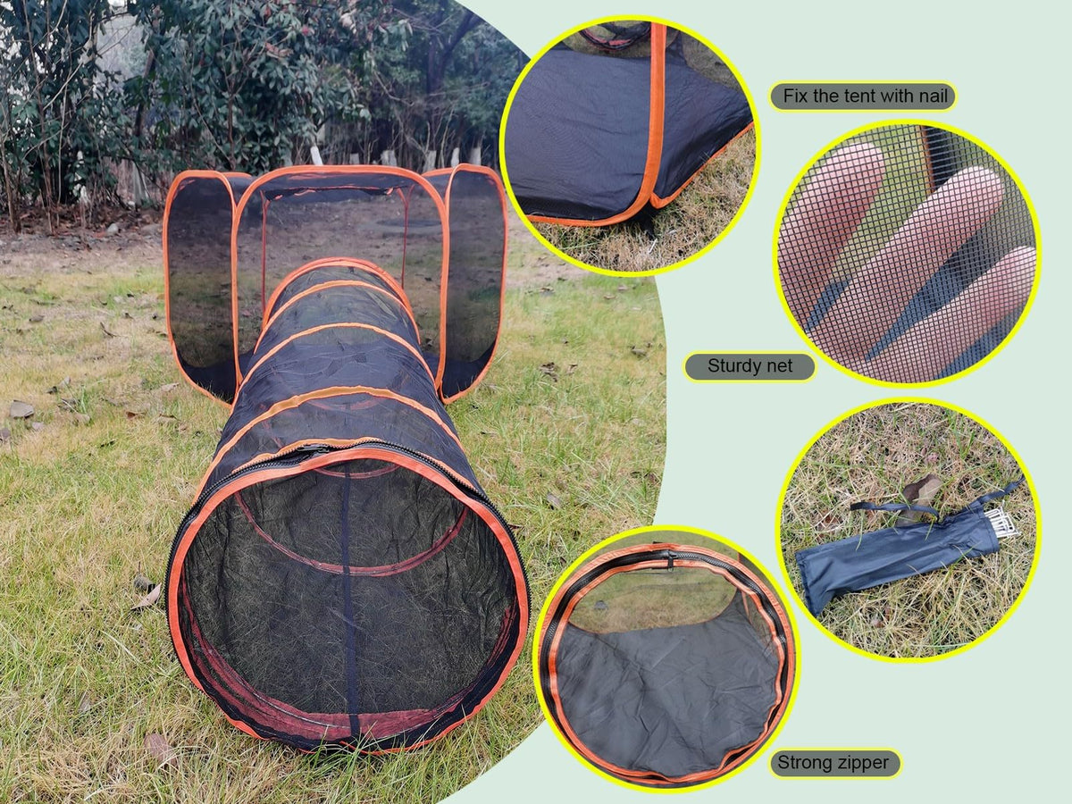 Portable Cat Small Animals Playpen DIY Outdoor Enclosures Freely Combinable 2in1 4in1 6in1 Pop Up Pet Play Tent Tunnel Cube House for Cat Puppy Rabbit (4in1 Tower Tent Tunnel)