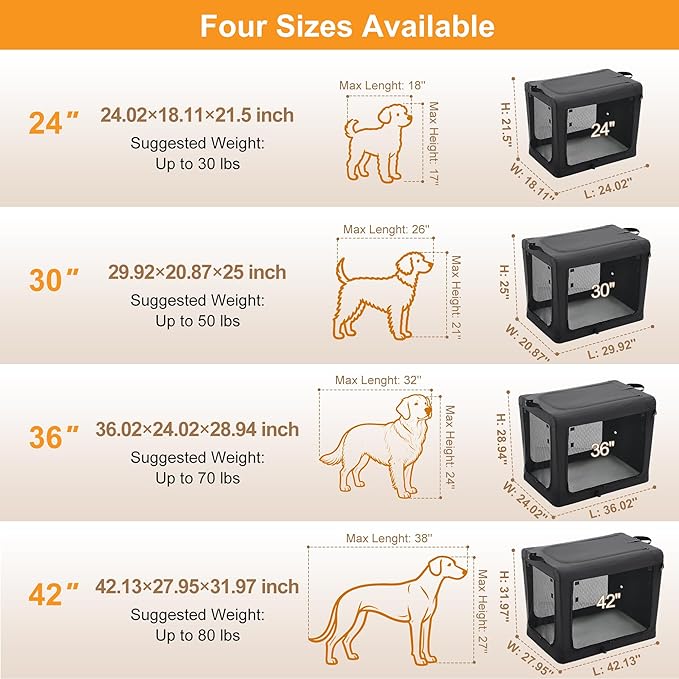 Dog Travel Crate 42 Inch, Portable Soft-Sided Travel Carriers for Dogs and Cats, Foldable Pet Kennel with 3-Doors Mesh Windows Indoor & Outdoor, Black
