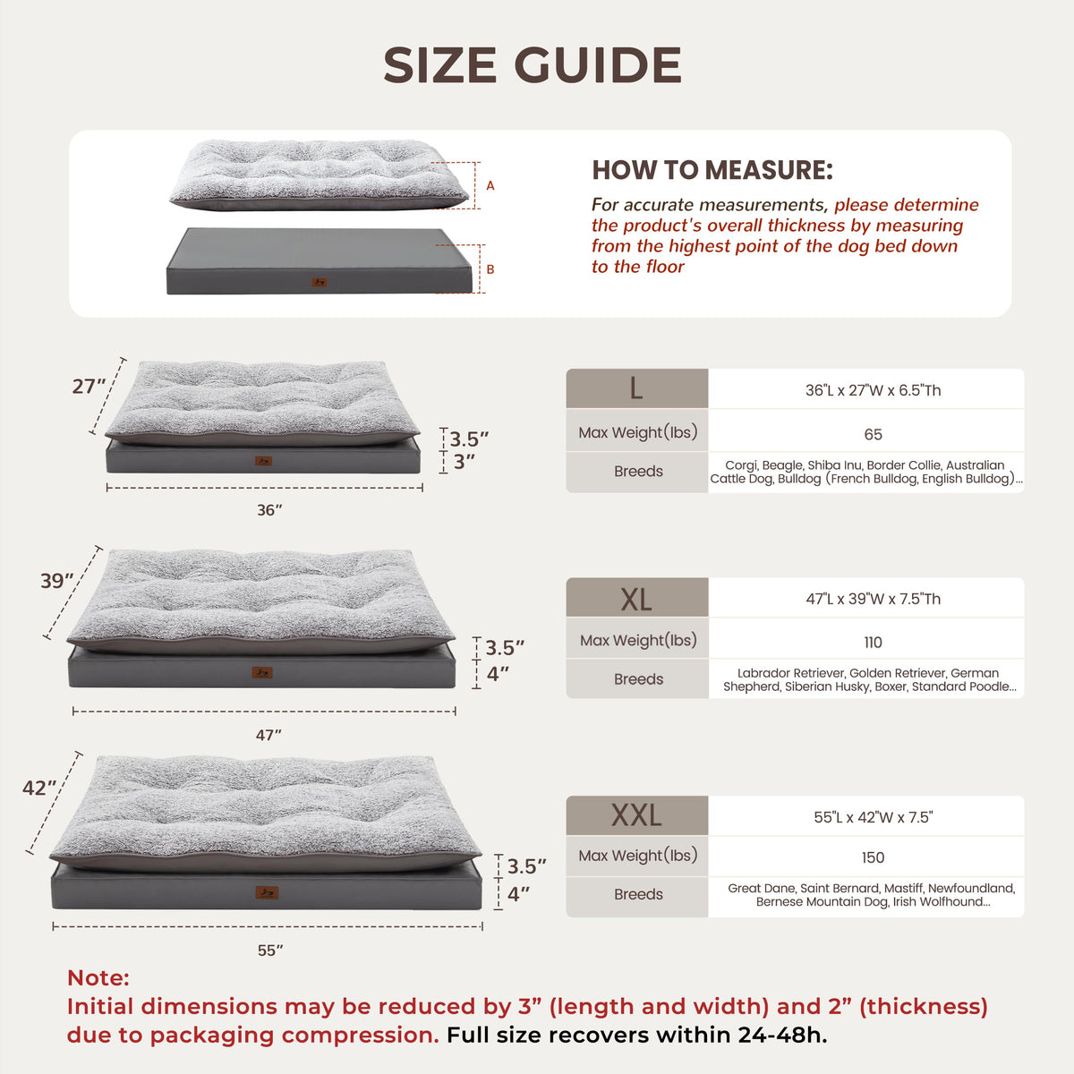 Warmrest 2-Pack Cooling Dog Bed Medium Size Dogs, Waterproof Orthopedic Dog Mattress for Large Dogs, Washable Dog Crate Bed with Removable Cover, Dark Grey