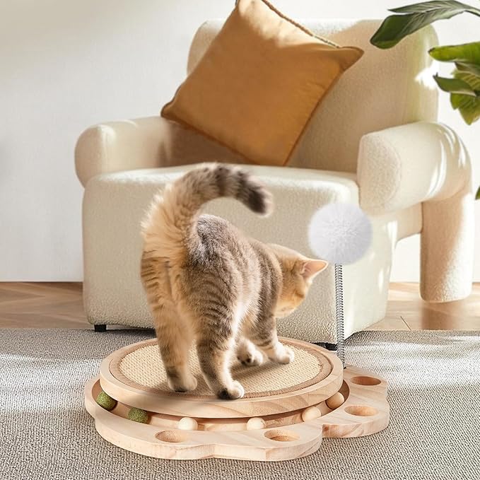 Petjoyi Cat Scratcher-Cat Interactive Toys, Ball Track Toy with Sisal Scratching Pad, 6 Track Balls & 1 Spring Ball – No Assembly Cat Toys and Balls Activity Center for Indoor Cats