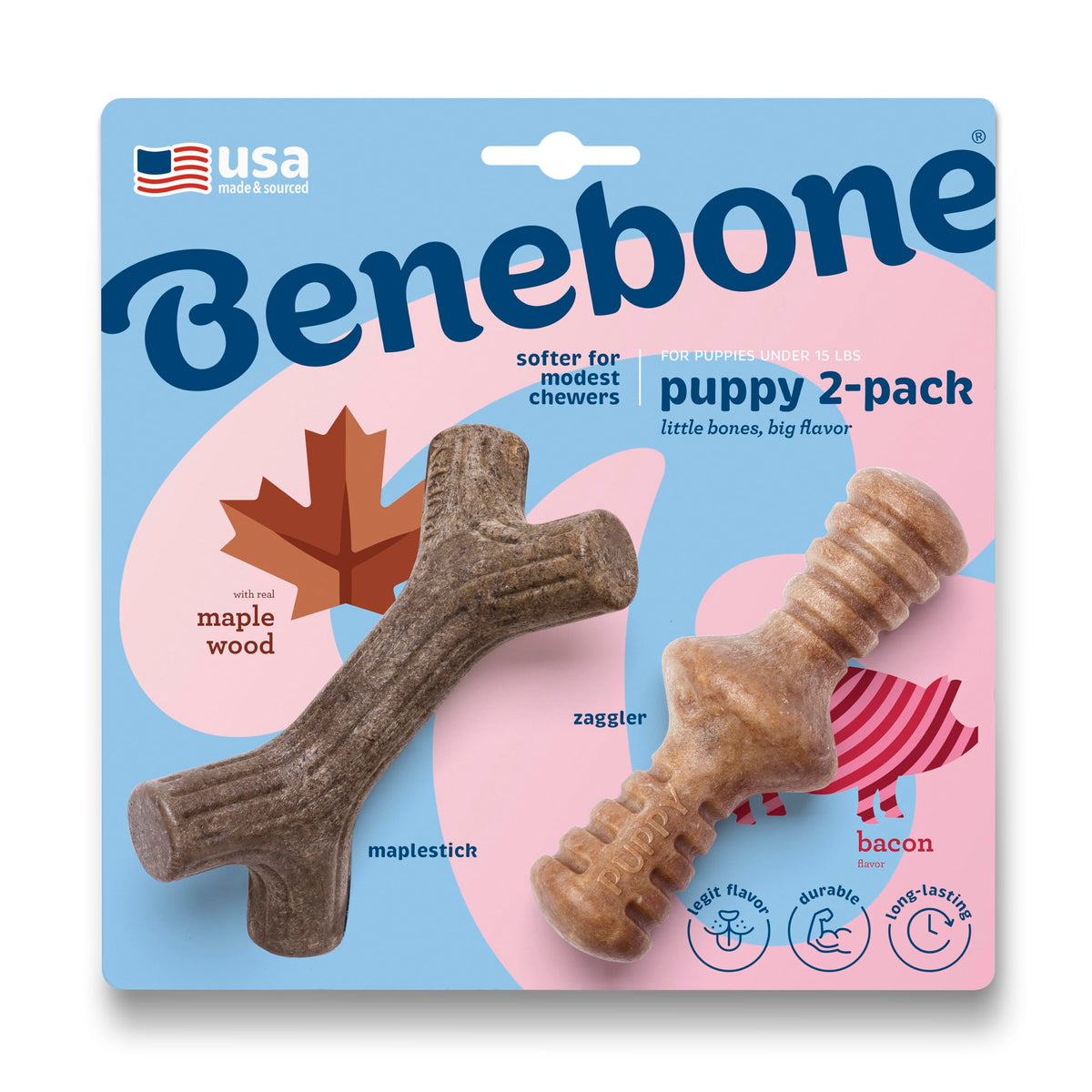 Benebone Puppy 2-Pack Dental Chew/Wishbone Dog Chew Toys, Real Bacon, Small