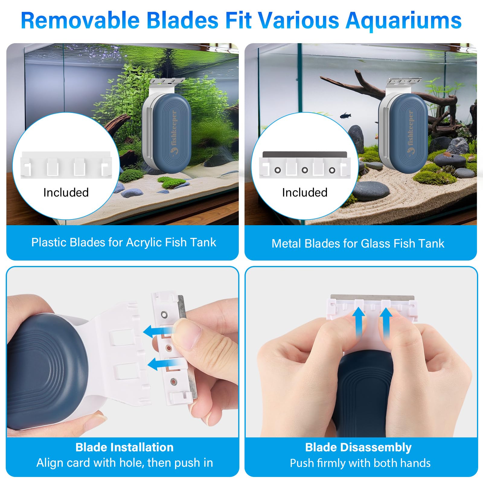 fishkeeper Aquarium Glass Cleaner, Double Side Algae Scraper with 2 Blades