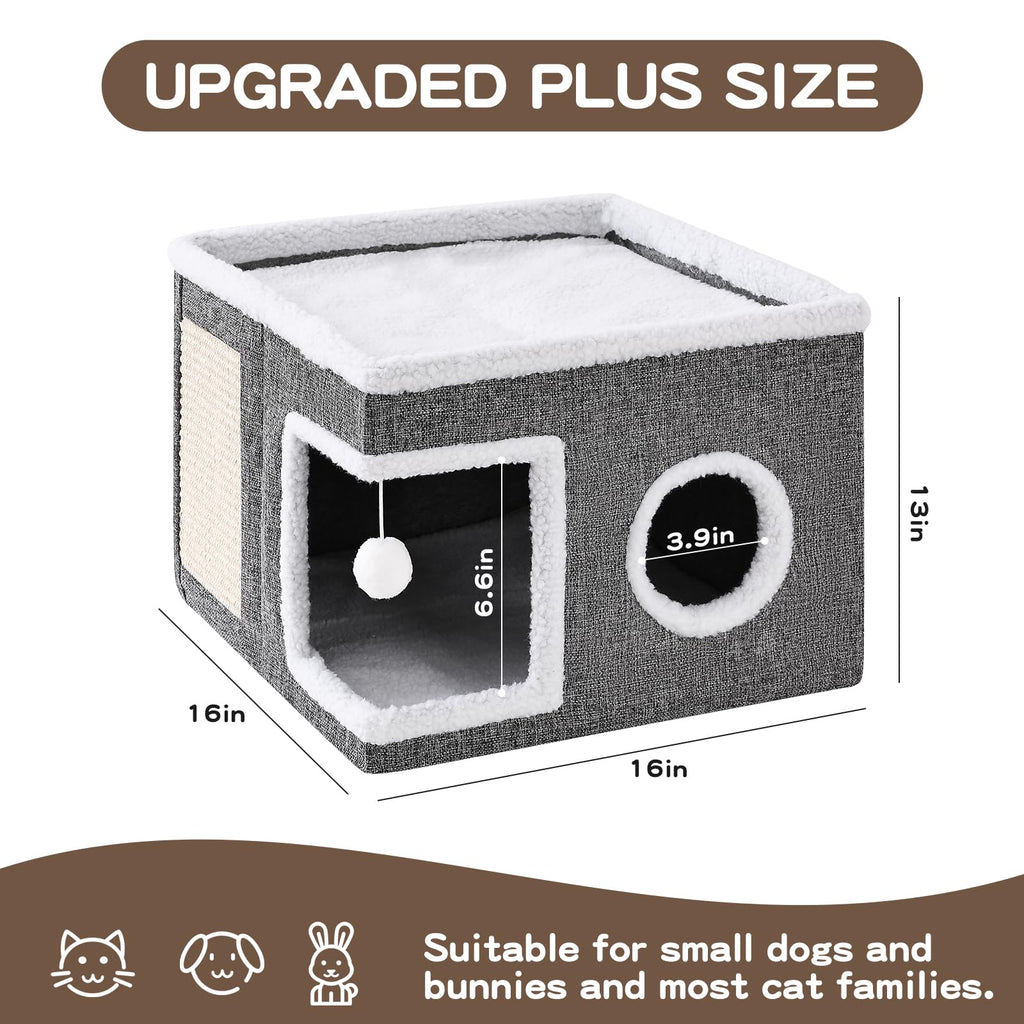 Crispedia Large Cat Houses for Indoor Cats with Fluffy Ball and Scratch Pad