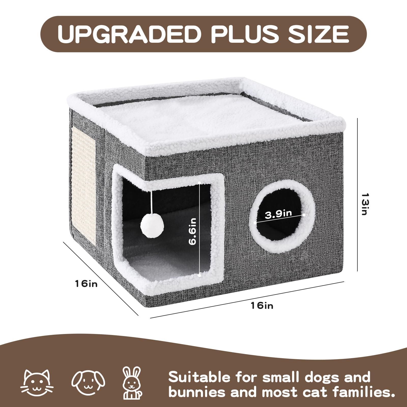 Crispedia Large Cat Houses for Indoor Cats with Fluffy Ball and Scratch Pad