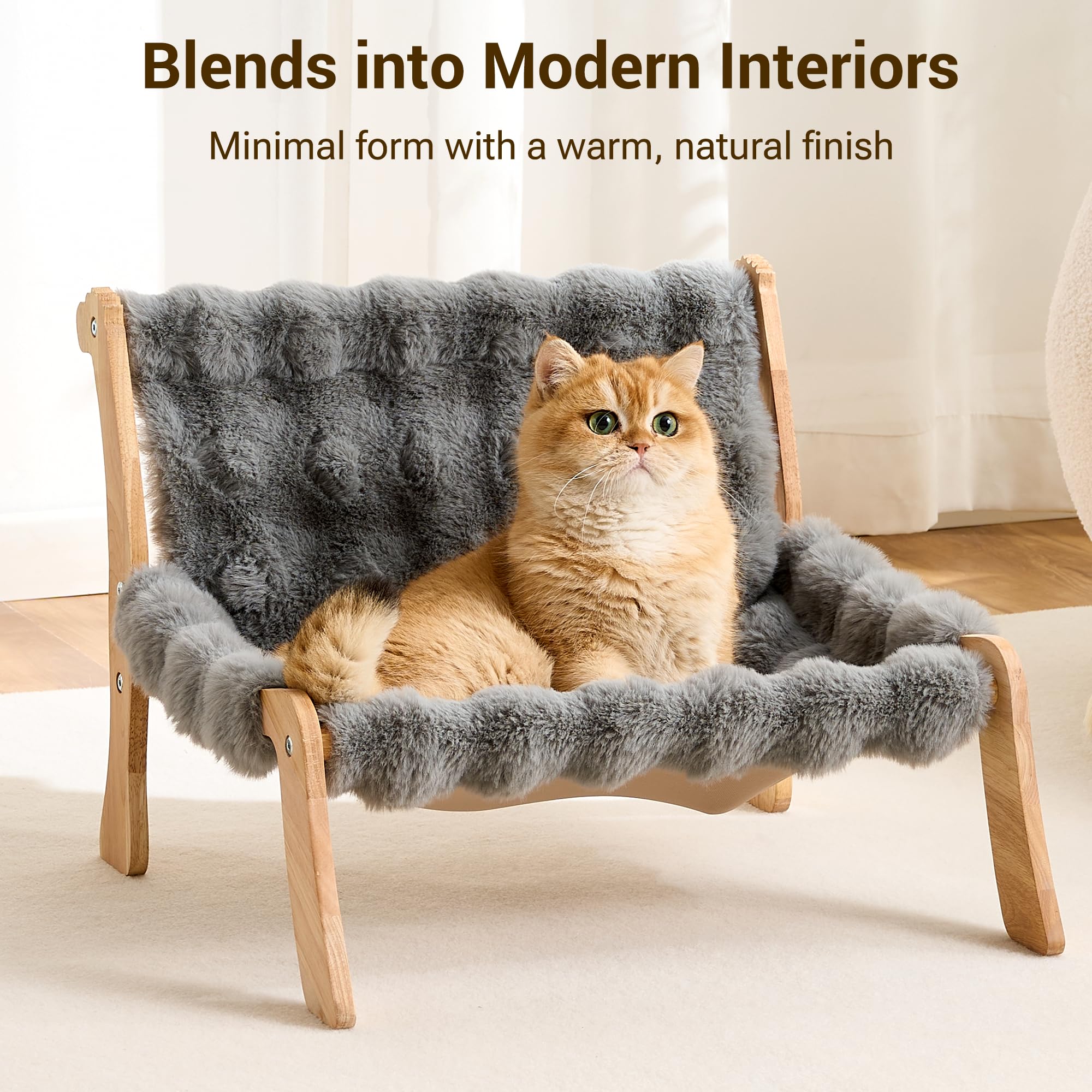 Kicari Solid Wood Cat Couch Bed for Indoor Cats, Modern Cat Sofa with Ultra-Soft Plush Surface Washable, Reclined Backrest, Elevated Plush Cat Lounge for Small to Adult Cats, Frost Gray