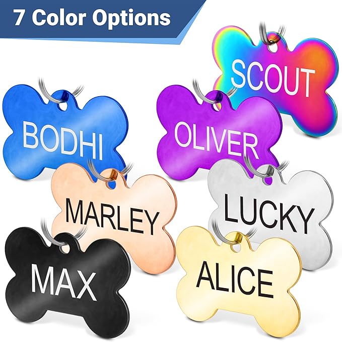 GoTags Stainless Steel Pet ID Tags, Personalized Dog Tags and Cat Tags, up to 8 Lines of Custom Text, Engraved on Both Sides, in Bone, Round, Heart, Bowtie and More (Round, Small (Pack of 1))