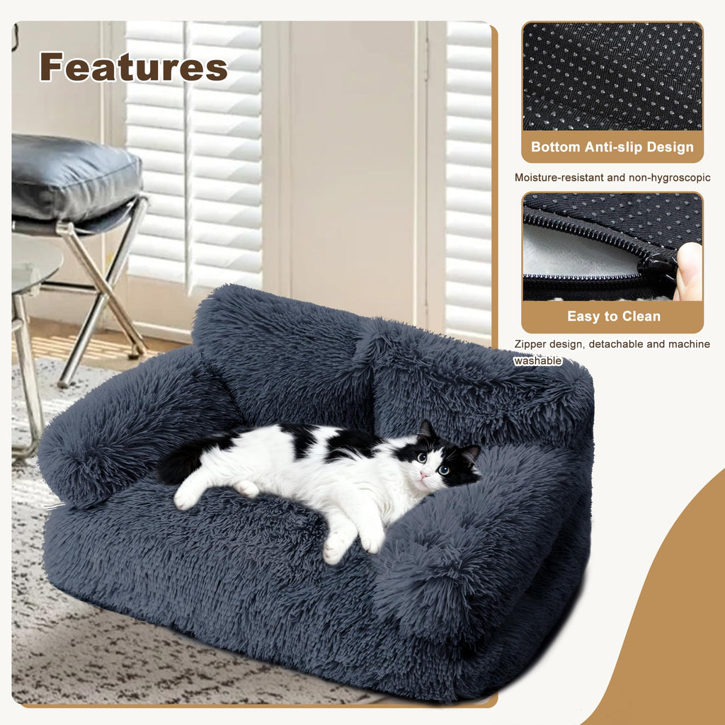 FURMORENE Cat Beds for Indoor Cats, Dog Couch Bed, Cute Cat Couch Sofas, Small Dog Sofas & Chairs with Removable Washable Cover, Warm Soft Pet Furniture for 20lbs Small Dog & Cat, Plush Dark Grey