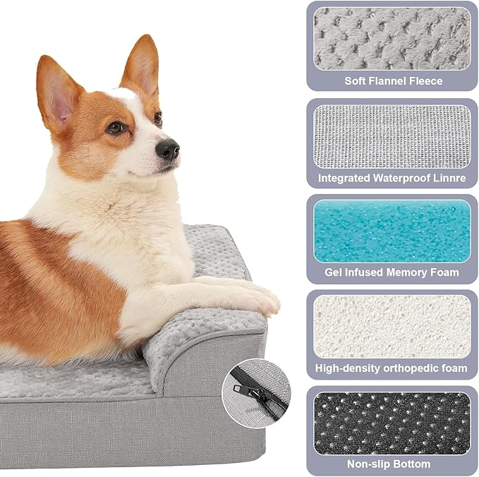 Orthopedic Dog Beds for Large Dogs, Memory Foam Dog Beds Large Sized Dogs, Washable Removable Cover, Nonskid Bottom, Waterproof, for Indoor, Outdoor, Crate ＆ Car Use, 36x27x6 Inches, Light Grey