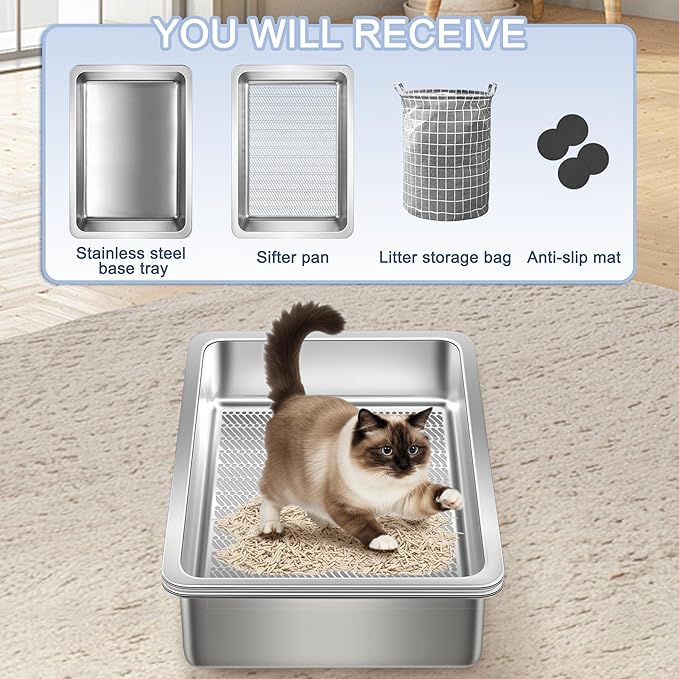 Teheao Stainless Steel Sifting Cat Litter Box for Clumping Litter, XL Extra Large Metal Sifter Tray Pan with Cat Litter Bag, Low Dust, Odor Control, Easy Cleaning (23.6"*15.7"*5.9")