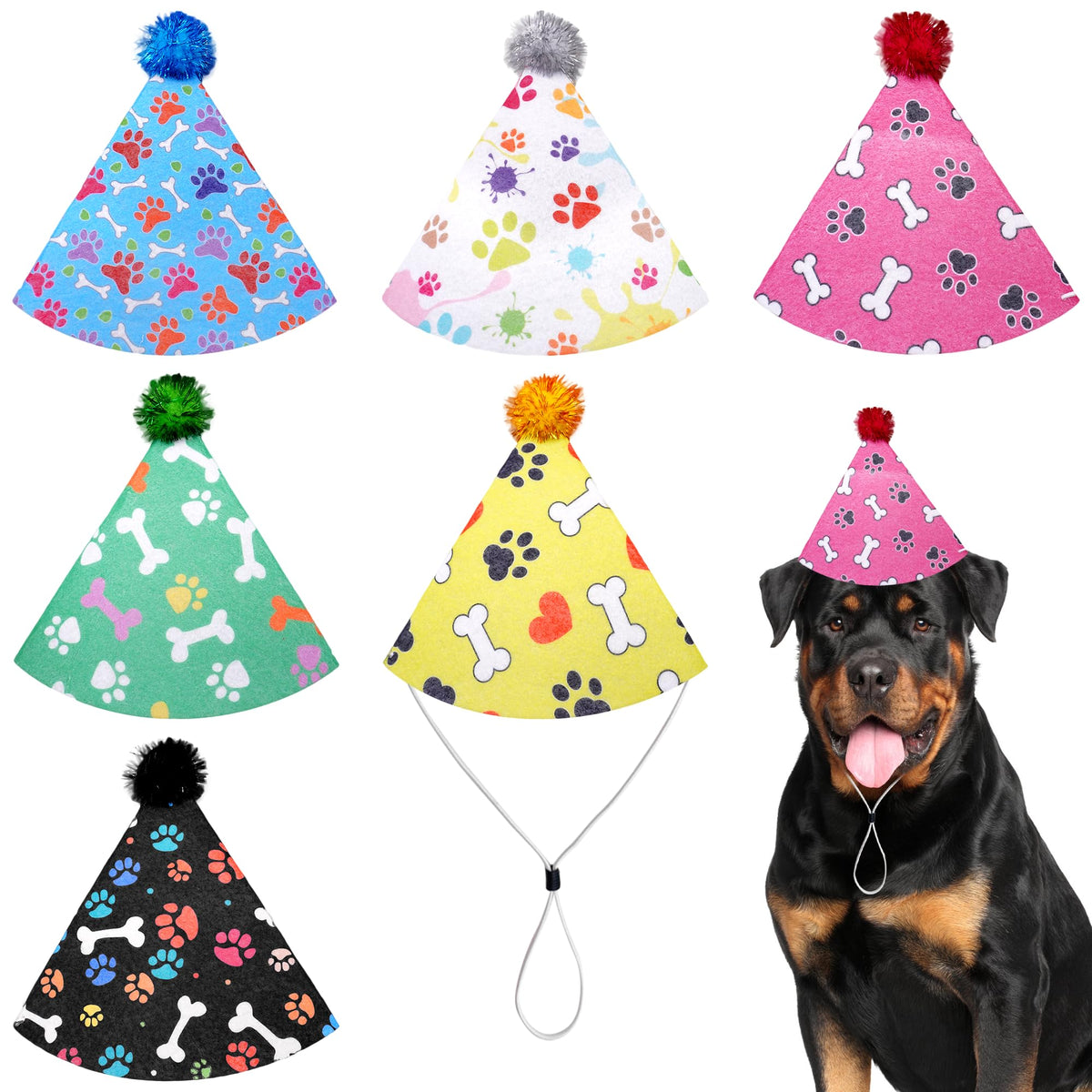 JpGdn 6PCS Dog Birthday Party Hats Felt for Small Medium Dogs Paw Bone