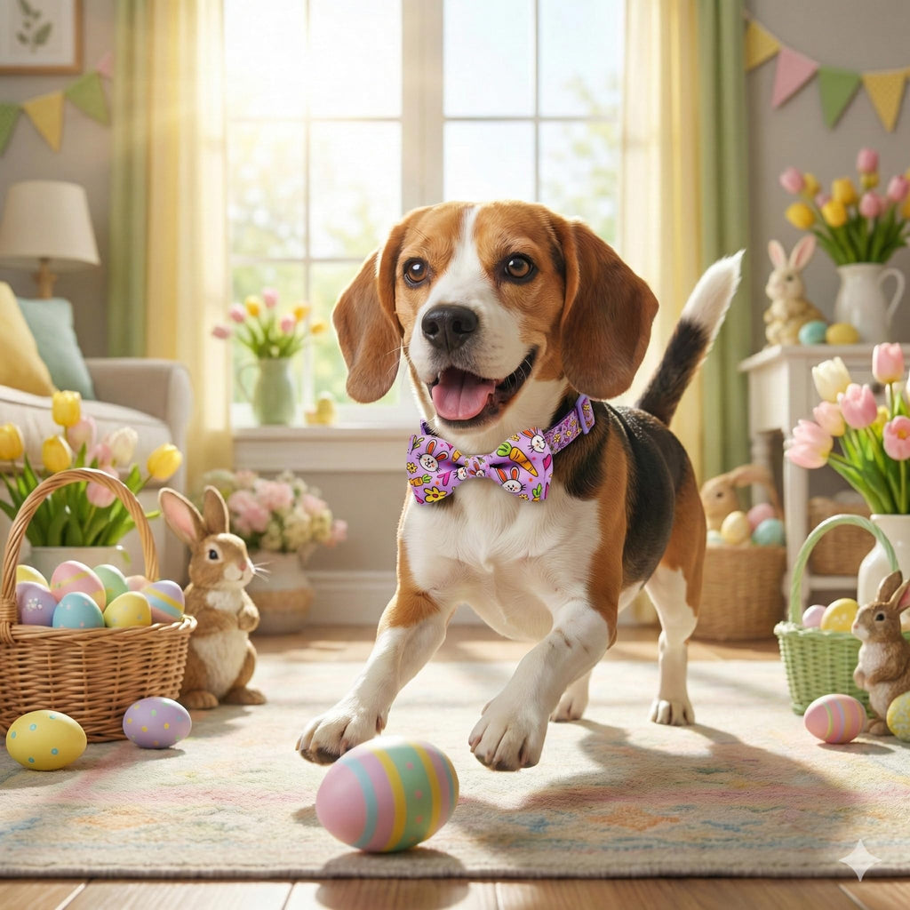 Easter Dog Collar with Bow Tie Set, Adjustable Purple Bunny and Carrot Pattern Pet Collar, Cute Spring Flower Holiday Neckwear for Small, Medium, and Large Dogs