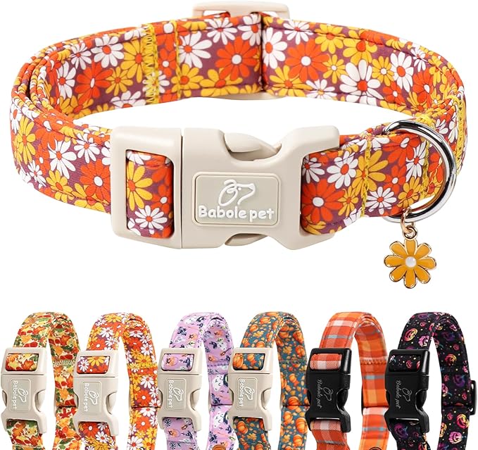 Babole Pet Fall Dog Collar Vintage Daisy Puppy Collar - Hippie Flower Dog Collars Light Comfortable Adjustable Pet Collars for Small Medium Large Girl Boy Dogs M
