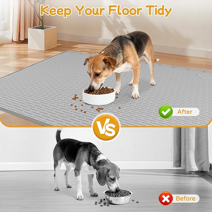 Lanstics Dog Food Mat 40" x 28" Large Silicone Mat with Raised Edge Gray