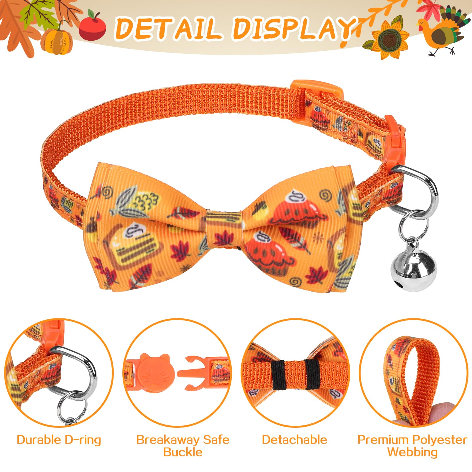 SCENEREAL Thanksgiving Cat Collar Breakaway, 3 Pack Kitten Collars with Bell, Bowtie and Safety Buckle - Adjustable Cute Holiday Cat Collars with Turkey and Pumpkin Pattern for Girl Boy