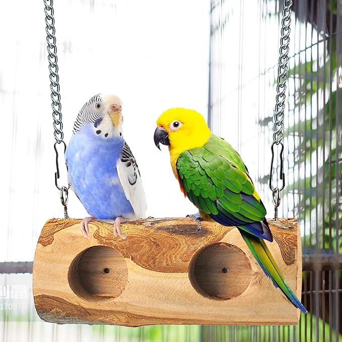 MUYG Natural Parakeet Swing Perch,Wood Bird Swing for Parakeets Hanging Birdcage Toy for Standing and Pecking,Sturdy Parrot Relieve Boredom Toys for Cockatiel Conure Canary Lovebird Finch