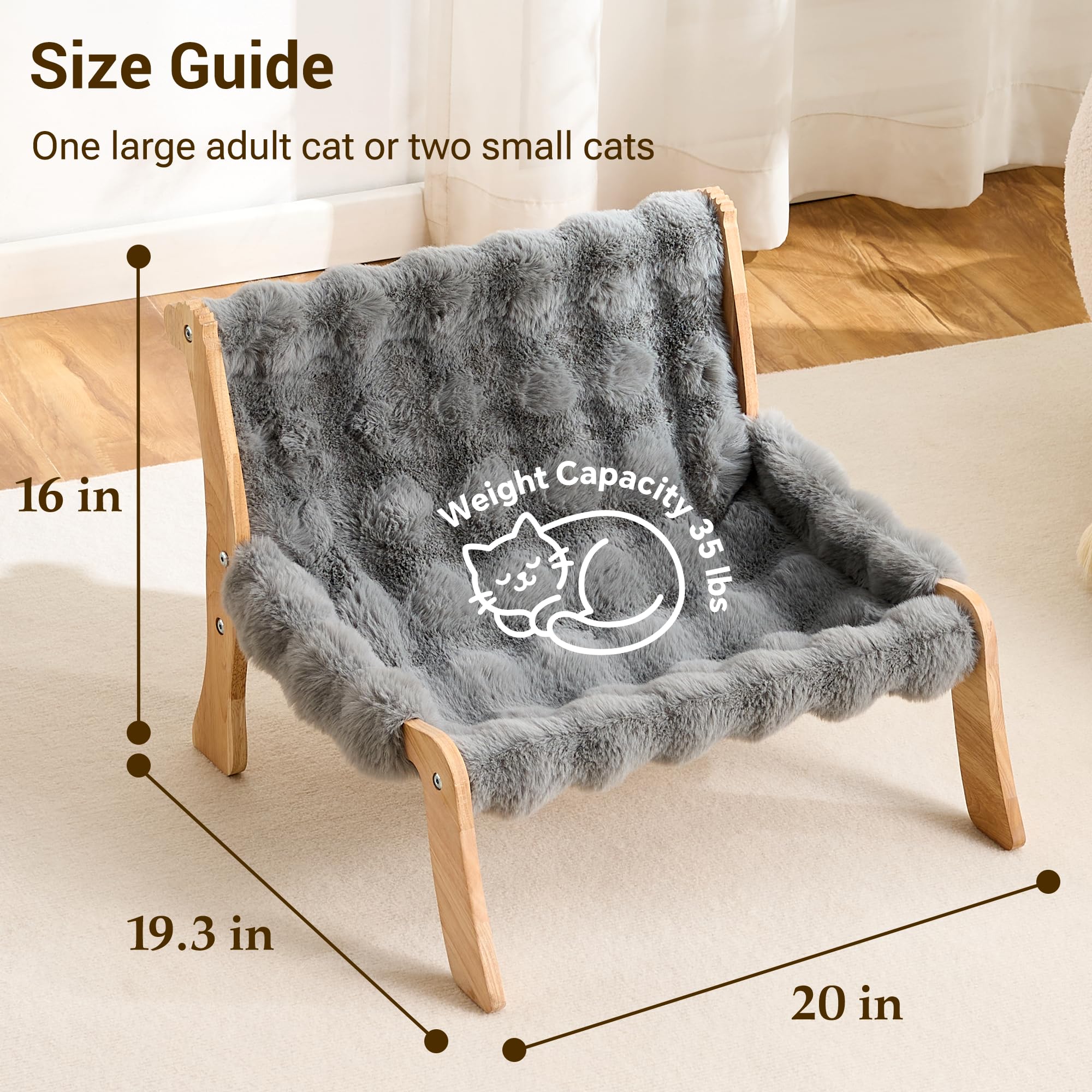 Kicari Solid Wood Cat Couch Bed for Indoor Cats, Modern Cat Sofa with Ultra-Soft Plush Surface Washable, Reclined Backrest, Elevated Plush Cat Lounge for Small to Adult Cats, Frost Gray