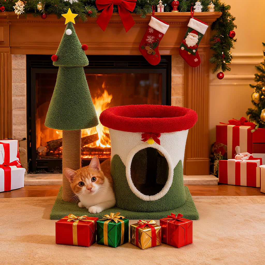 COSIEST 30in Christmas Cat Tree for Kittens, Kitty Condo with Top Perch, Small Cat Tree House with Sisal Scratching Posts, Cat Safe Christmas Tree Tower for Indoor Cats, Activity Center, Red & Green