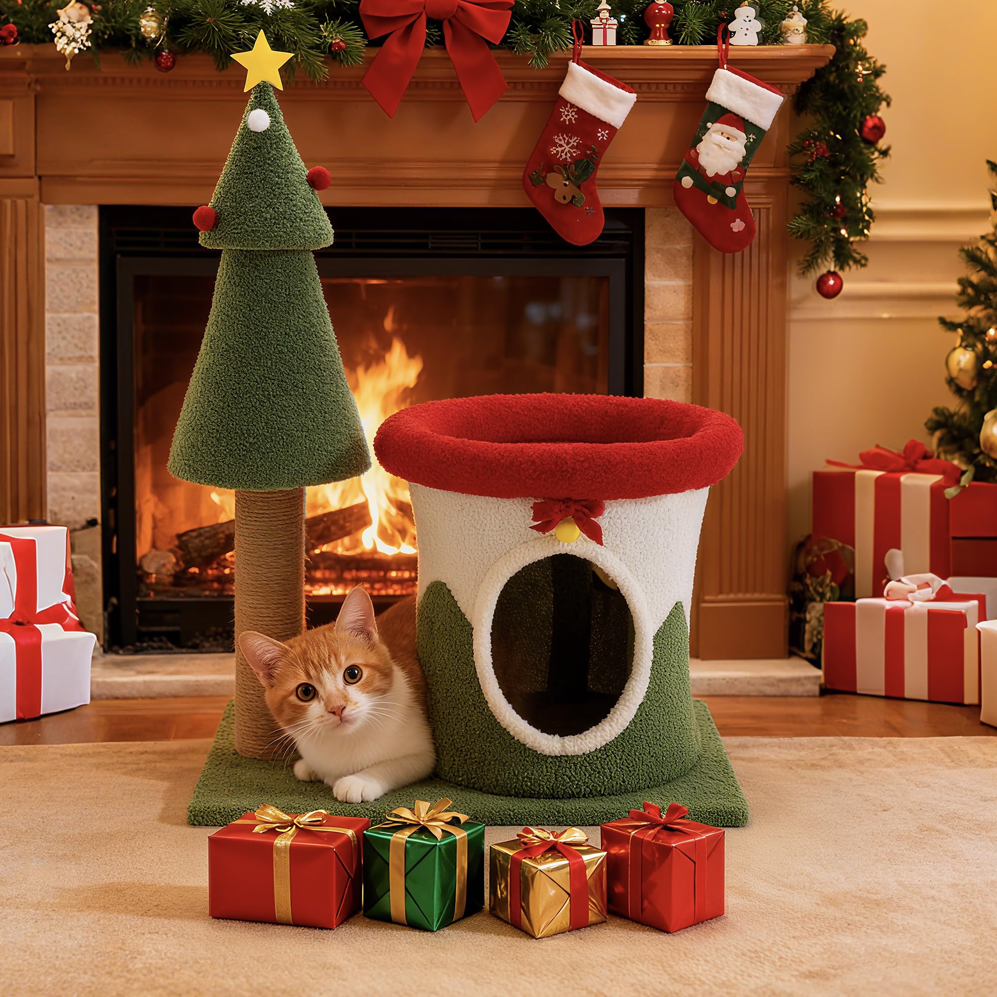 COSIEST 30in Christmas Cat Tree for Kittens, Kitty Condo with Top Perch, Small Cat Tree House with Sisal Scratching Posts, Cat Safe Christmas Tree Tower for Indoor Cats, Activity Center, Red & Green