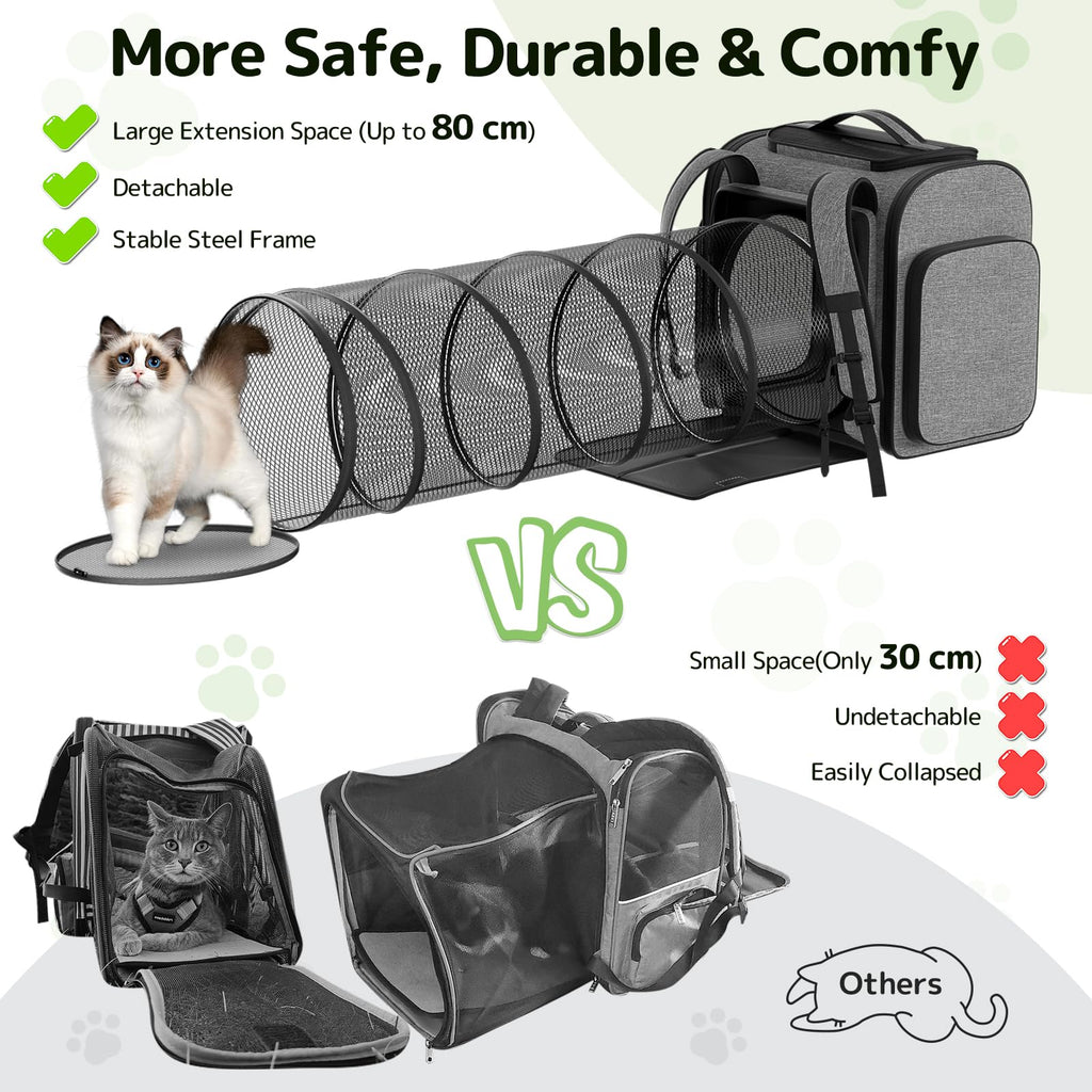 Pawtners Cat Backpack with Play Tunnel, Design for Carrying Playing Grey
