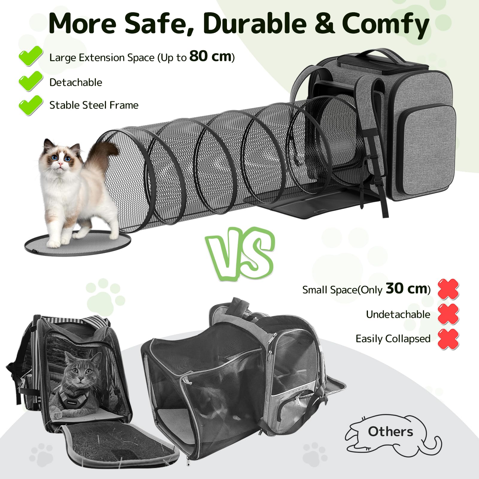 Pawtners Cat Backpack with Play Tunnel, Design for Carrying Playing Grey