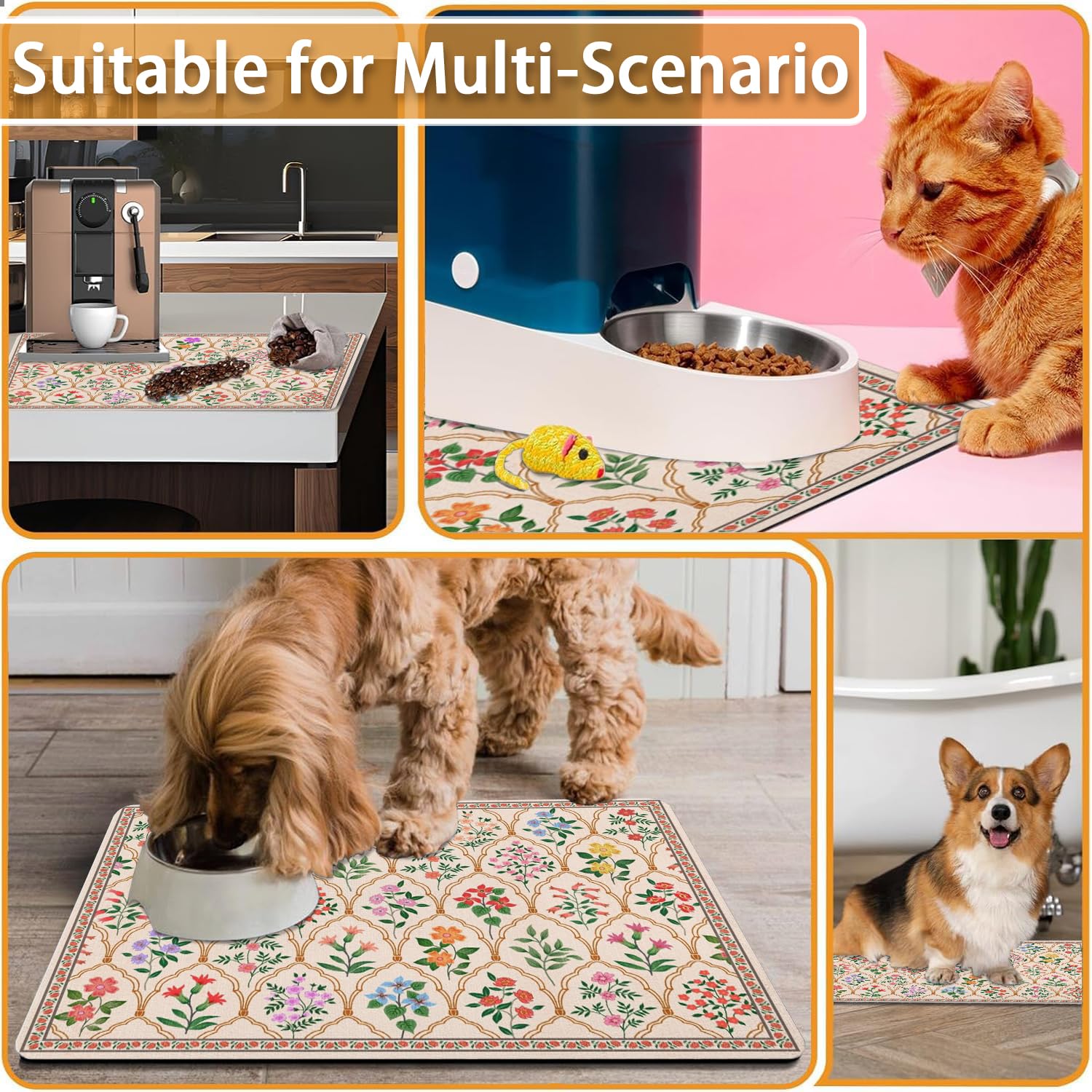 Absorbent Pet Dog Bowl Mat for Food and Water, Pet Cat Food Feeding Mat with Non Slip Rubber Backing, Dog Food Mats for Floors Waterproof, 24"x32"
