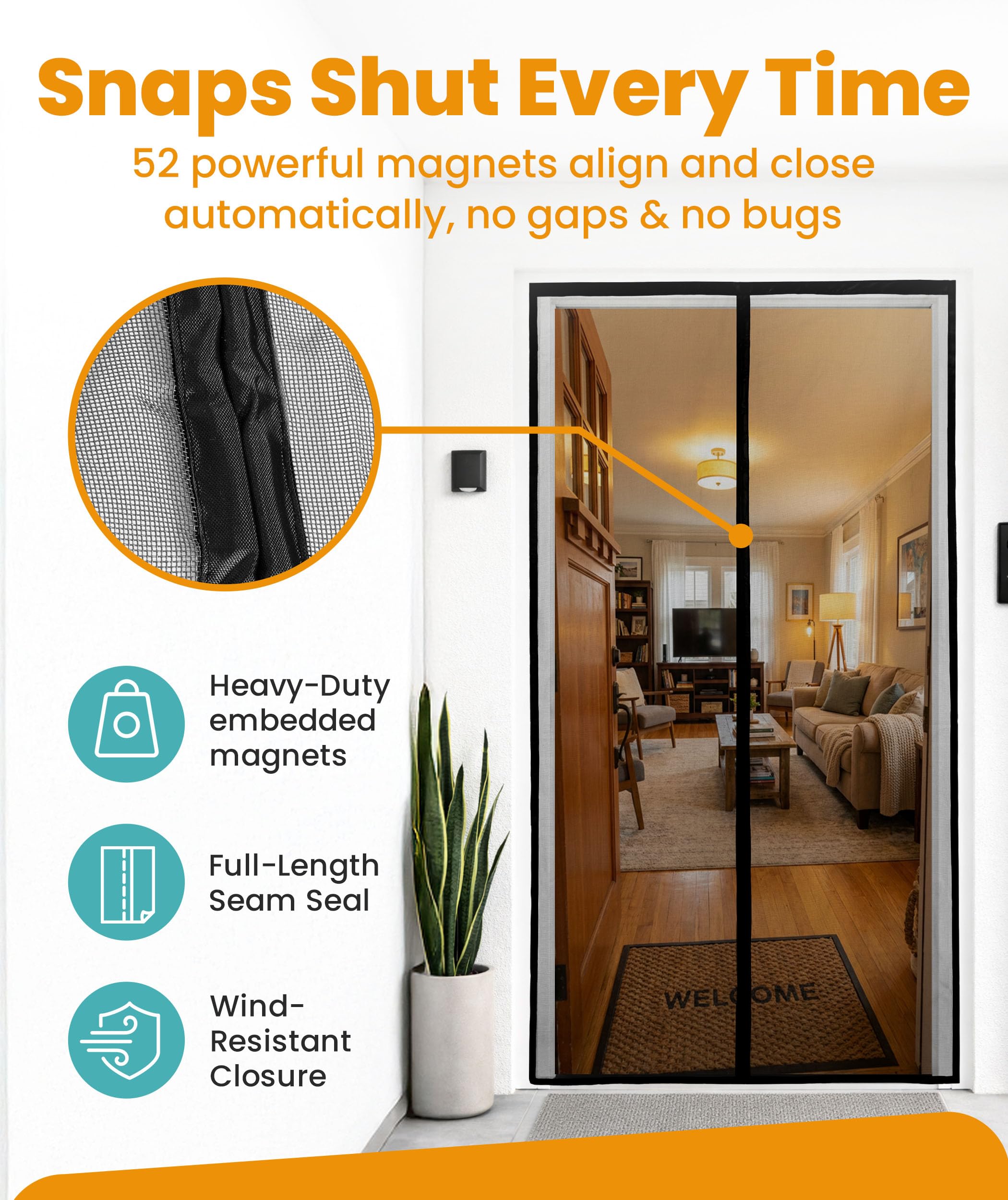 Flux Phenom Magnetic Screen Door - Bugs Out, Breeze in - 9min Install Auto-Sealing Heavy Duty Double Stitched Mesh, 52 Magnets, Hands Free Sliding & Patio Doors Net, Pet & Kid Friendly, 38 x 82 Inch