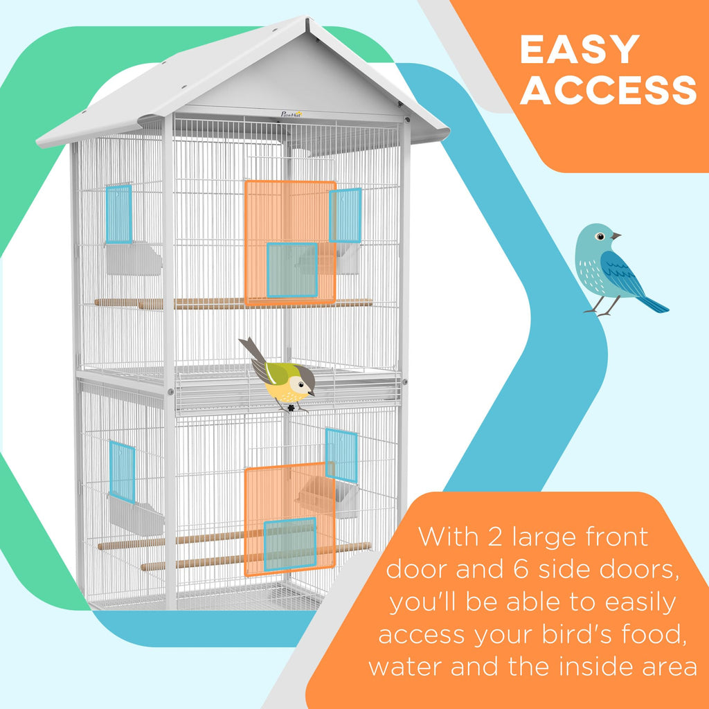 PawHut Wrought Metal Bird Cage Feeder with Rolling Stand Doors 67" H White